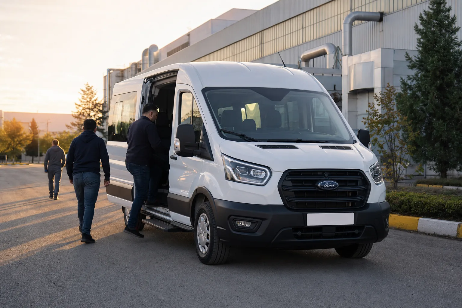 Ankara organize sanayi bölgesinde personel servisi Ford Transit minibüse binen çalışanlar