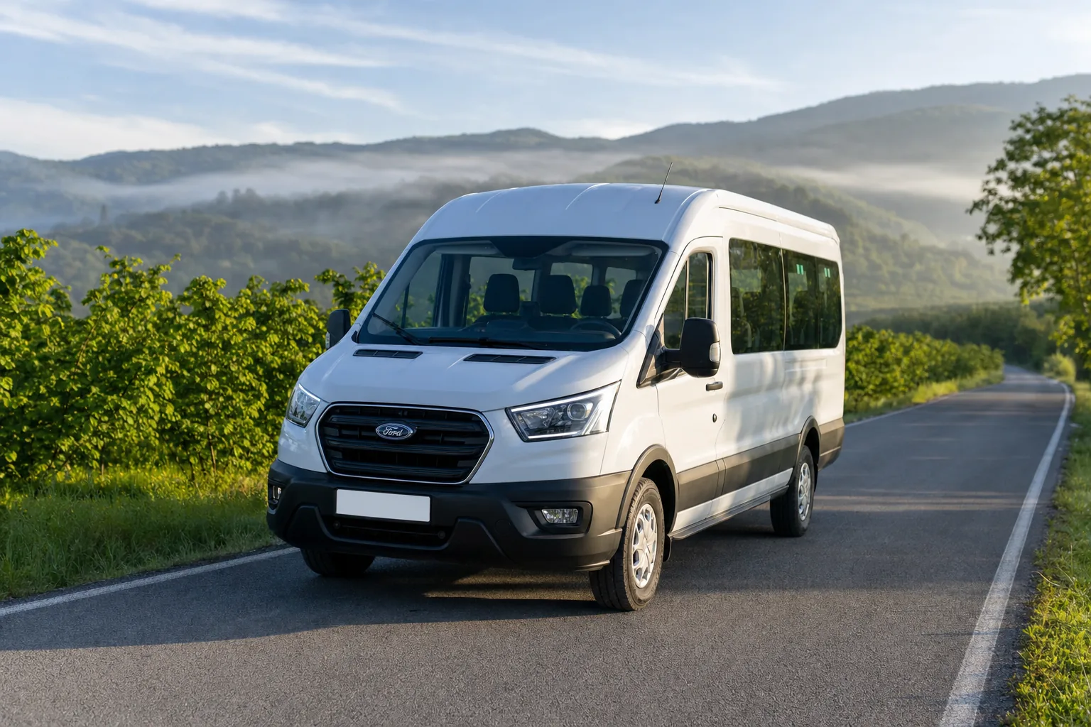 Hendek yakınlarında fındık bahçeleri arasındaki yolda giden beyaz Ford Transit personel servis aracı