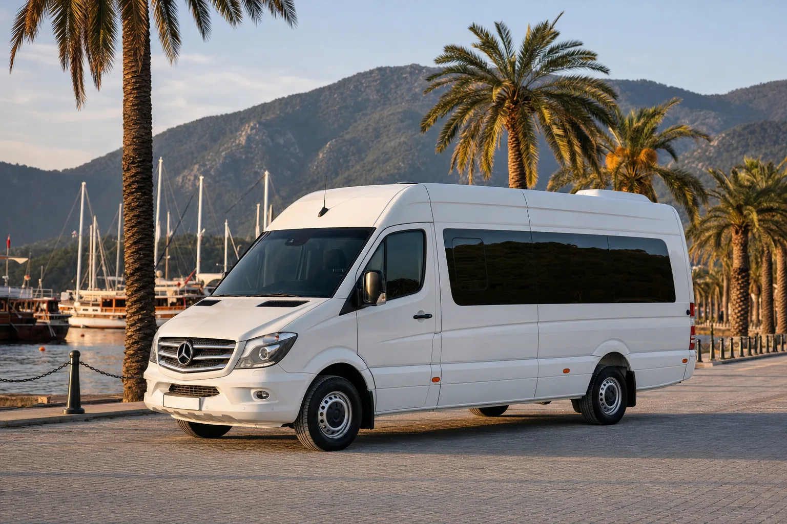 Fethiye limanı yakınında park etmiş beyaz Mercedes-Benz Sprinter personel servis aracı