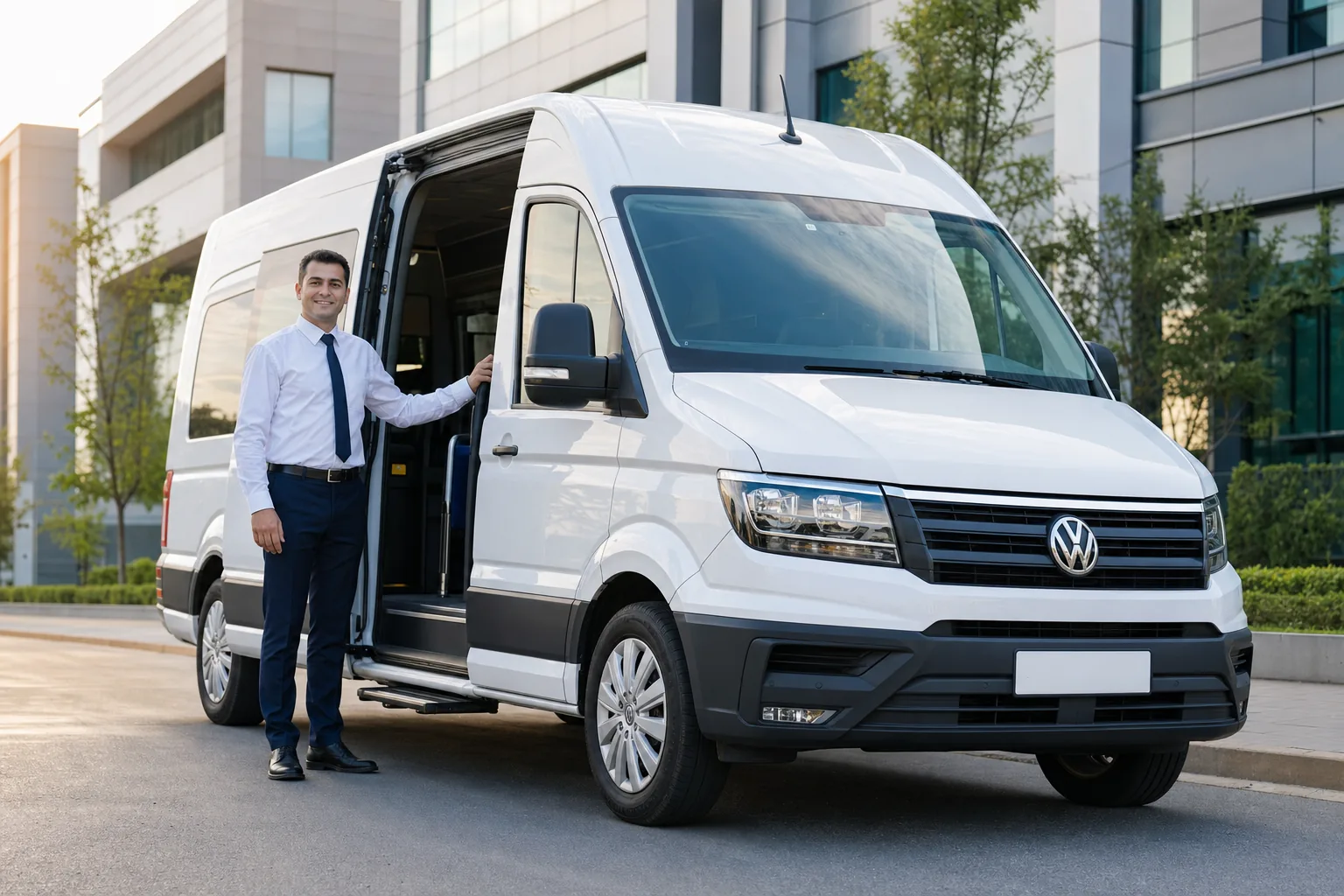 Serdivan'da bir iş merkezi önünde beyaz Volkswagen Crafter servis aracının kapısını açan personel servisi sürücüsü