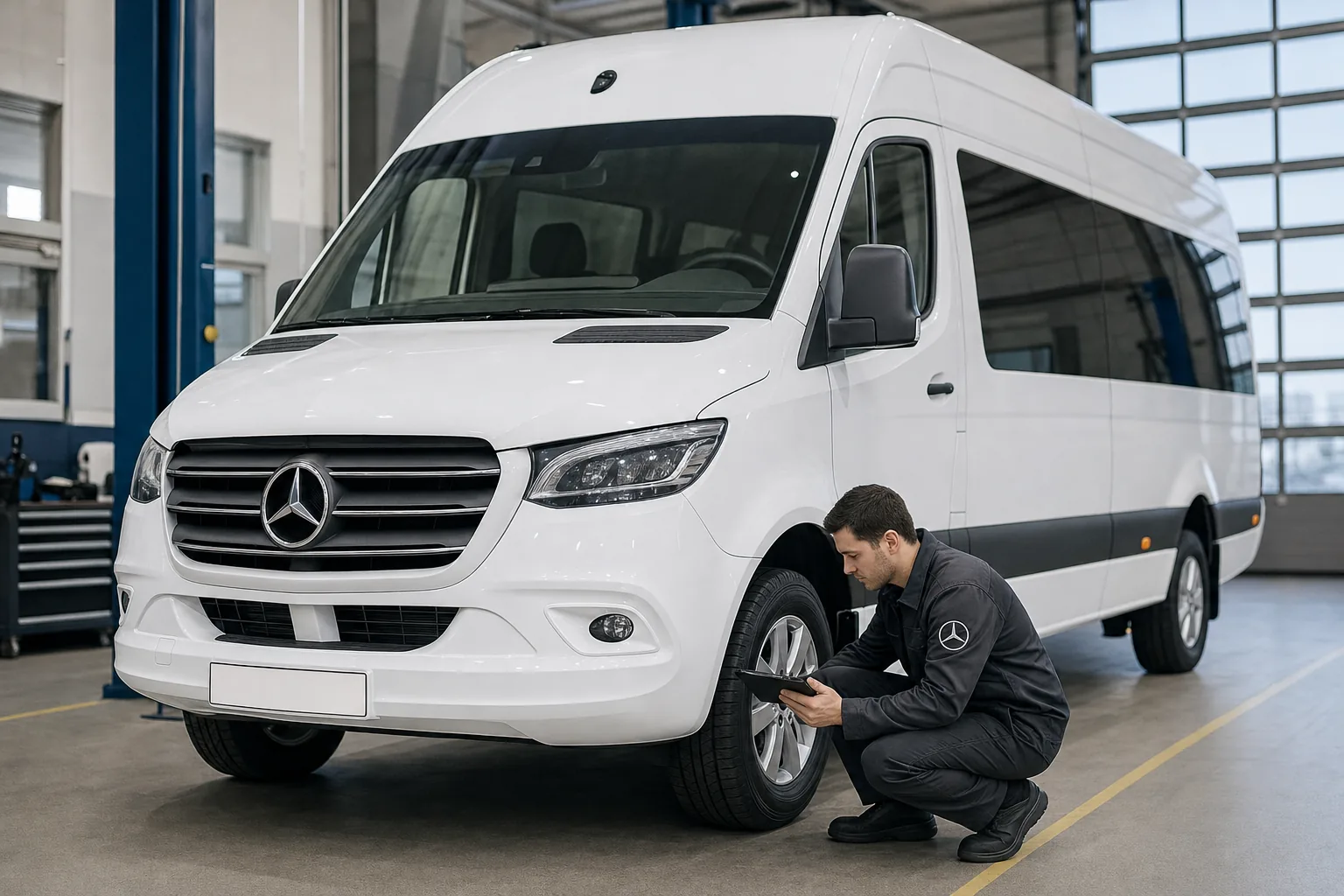 Sakarya'da serviste bakım kontrolü yapılan beyaz Mercedes-Benz Sprinter personel servis aracı