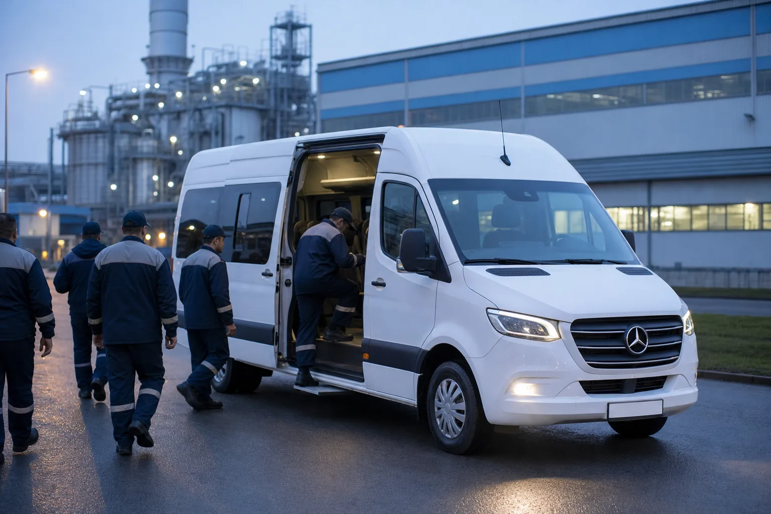 Sakarya'da sabah vardiyası öncesi fabrika önünde beyaz Mercedes-Benz Sprinter servis aracına binen işçiler