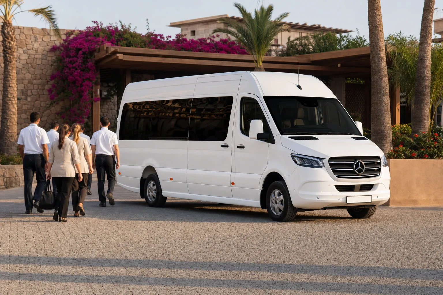 Muğla'da otel personeli servisi için tesis girişinde bekleyen beyaz Mercedes-Benz Sprinter