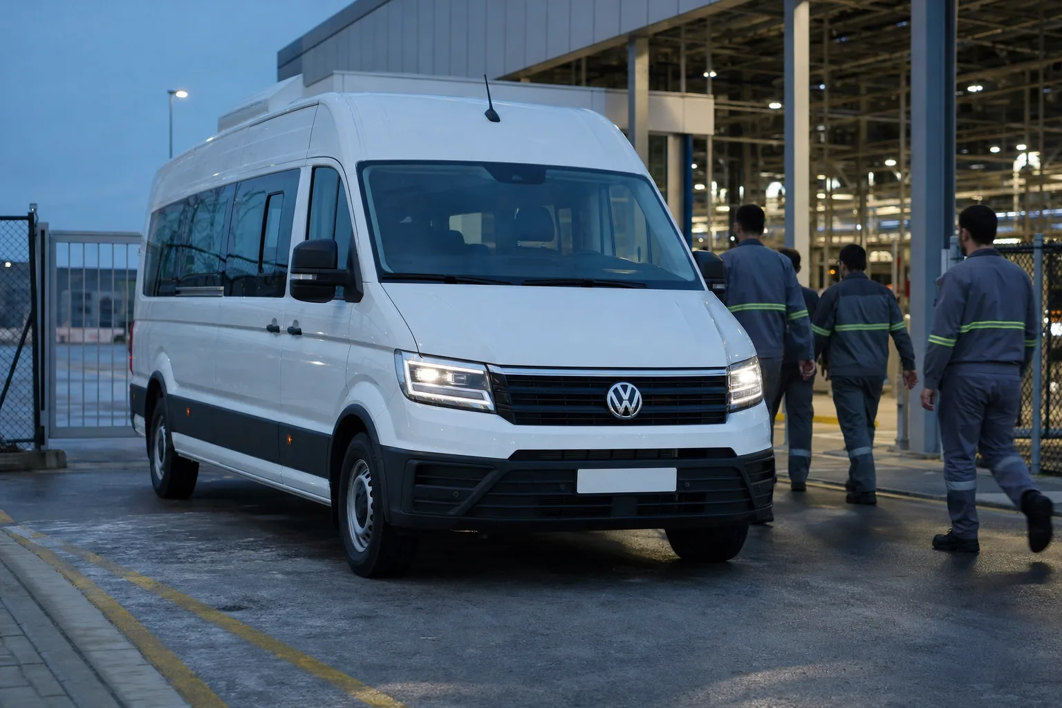 Sakarya organize sanayi bölgesinde fabrika önünde vardiya personelini bekleyen beyaz Volkswagen Crafter